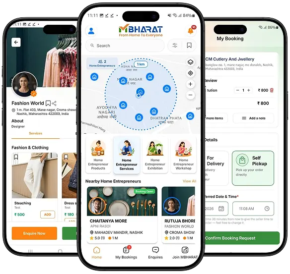 MBharat app screens: profile, nearby map and booking